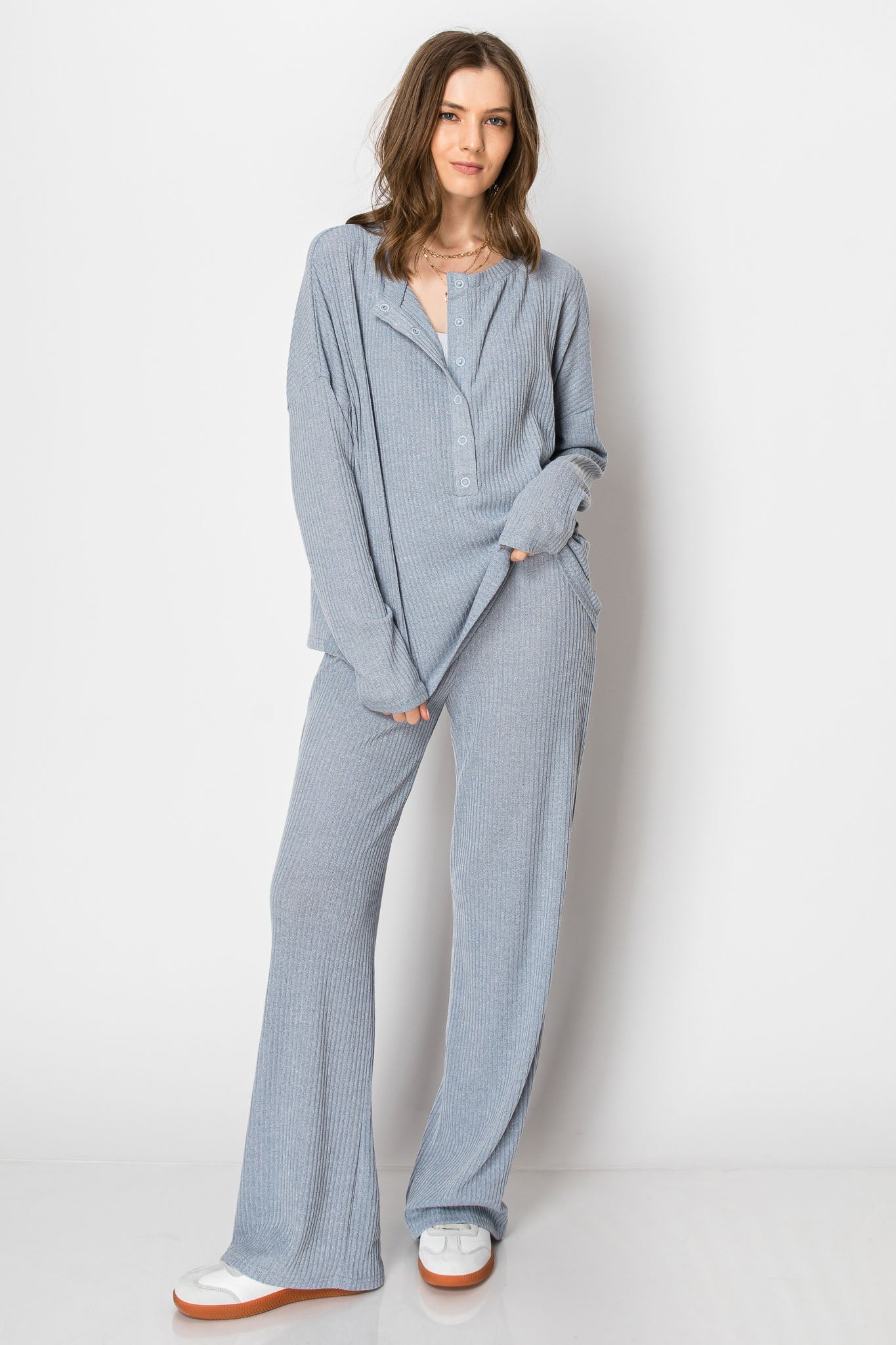 Ribbed Knit Button Down Crew Neck Long Sleeve Wide Leg Pant Set