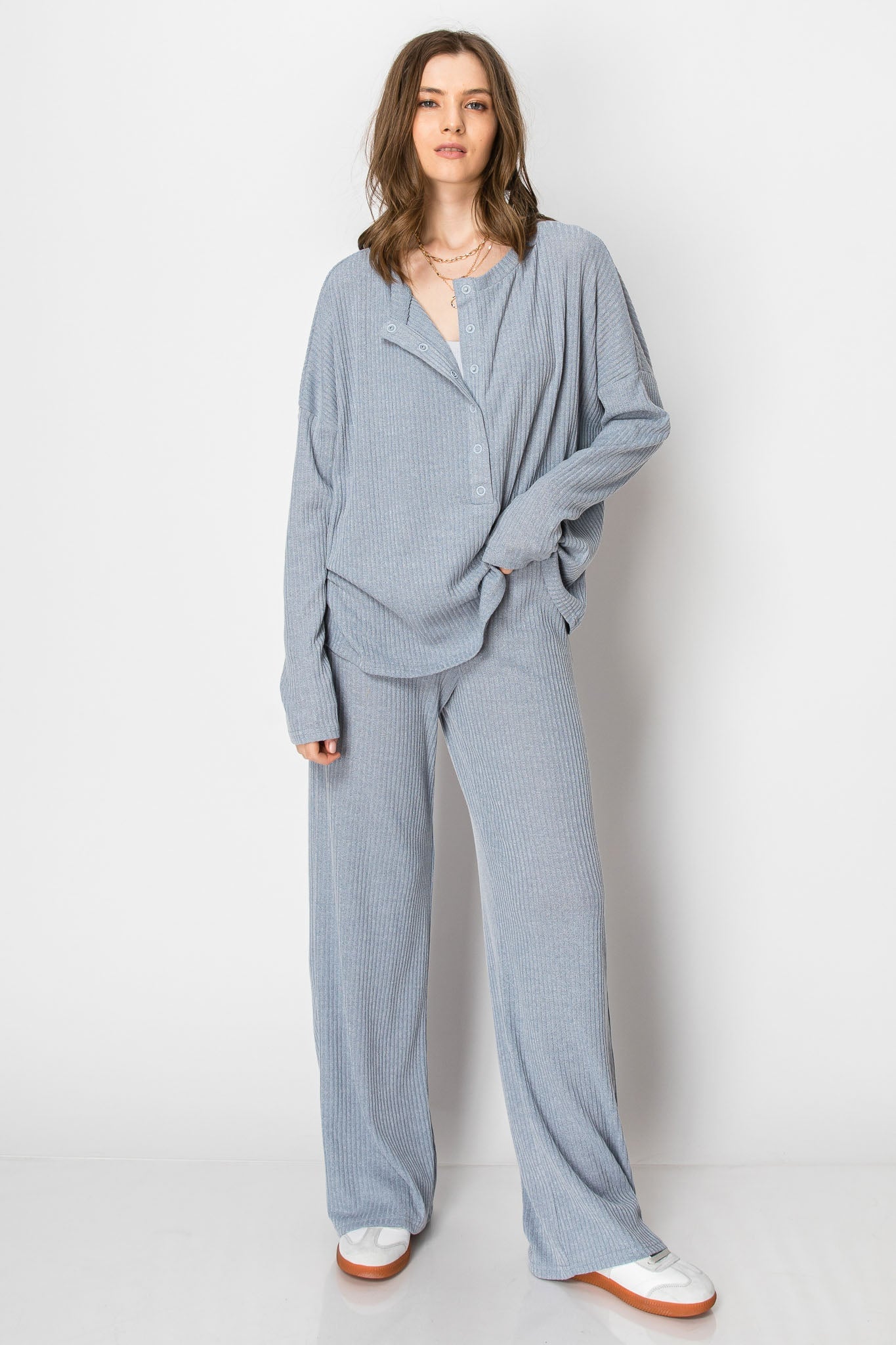 Ribbed Knit Button Down Crew Neck Long Sleeve Wide Leg Pant Set