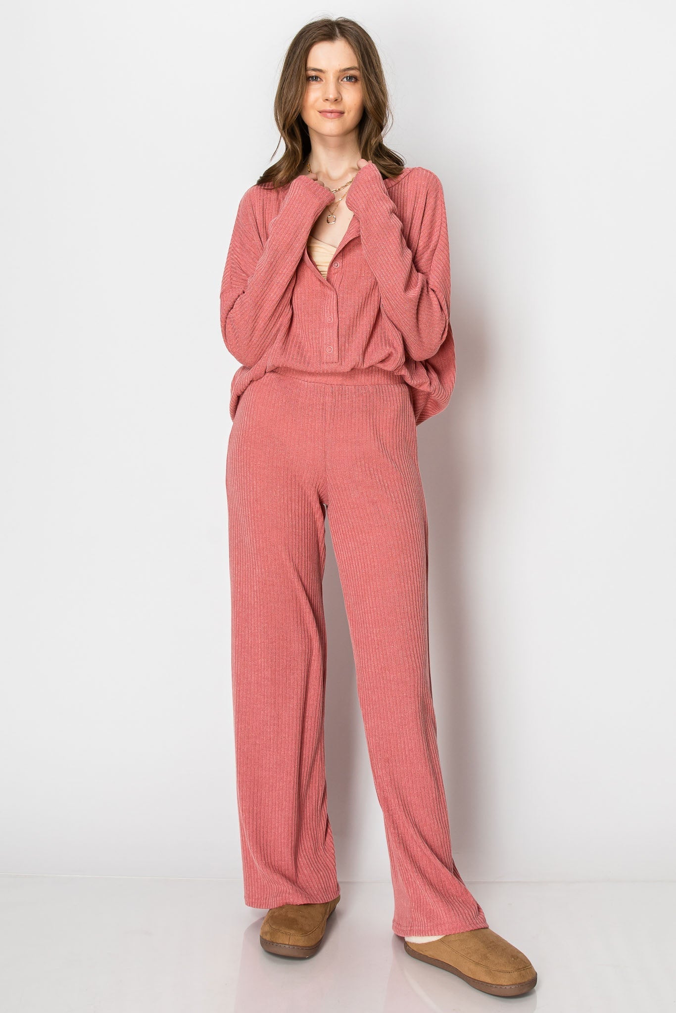 Ribbed Knit Button Down Crew Neck Long Sleeve Wide Leg Pant Set