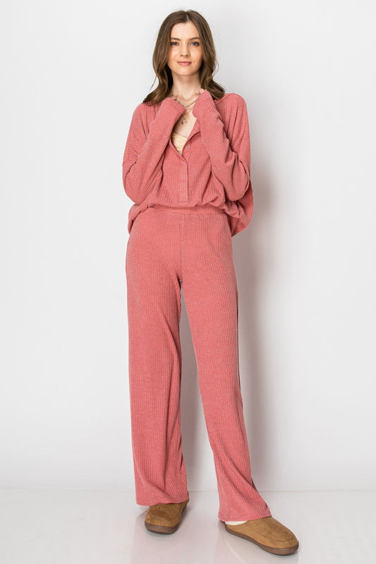 Ribbed Knit Button Down Crew Neck Long Sleeve Wide Leg Pant Set