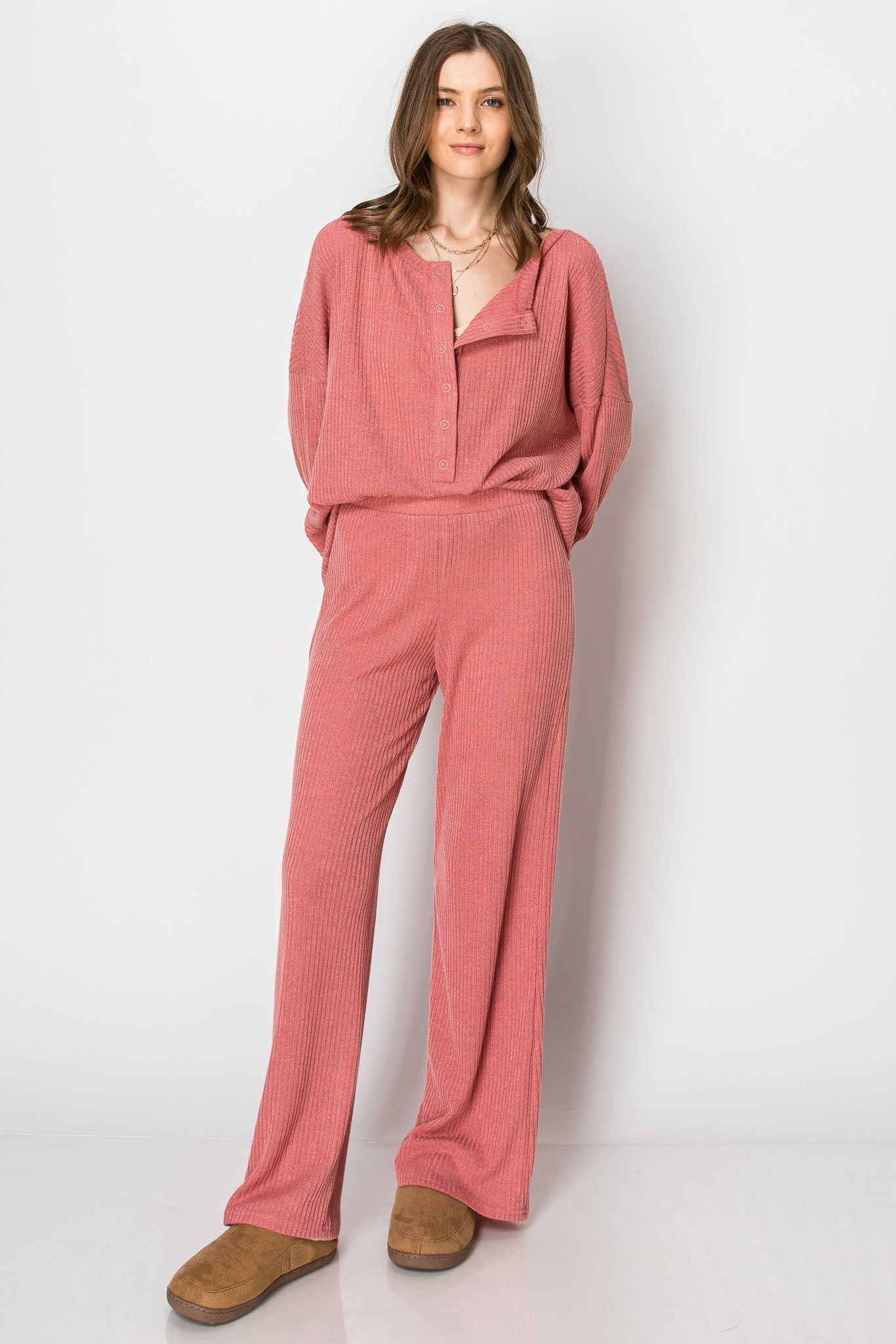 Ribbed Knit Button Down Crew Neck Long Sleeve Wide Leg Pant Set