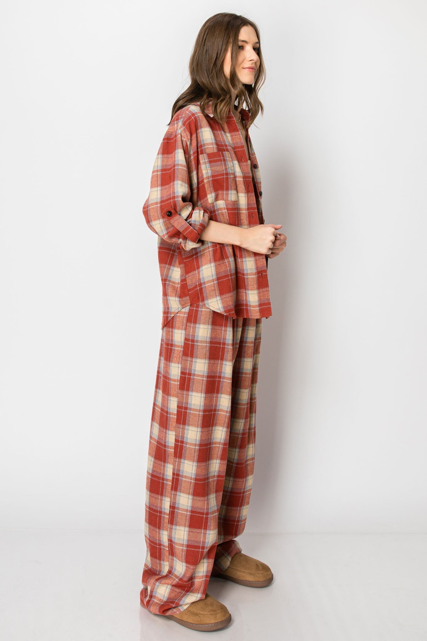 Plaid Long Sleeve Button Down Casual Wide Leg Pants Set