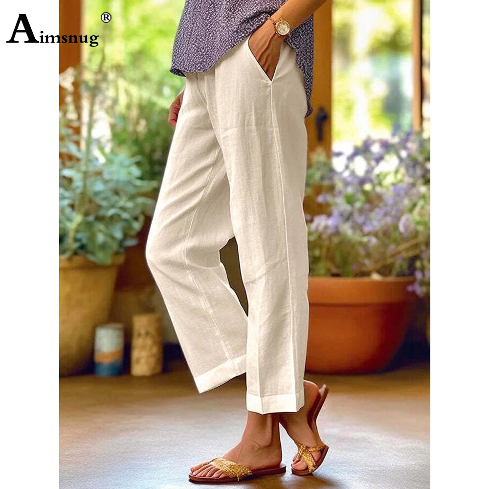 Women High Waist Linen Trousers White