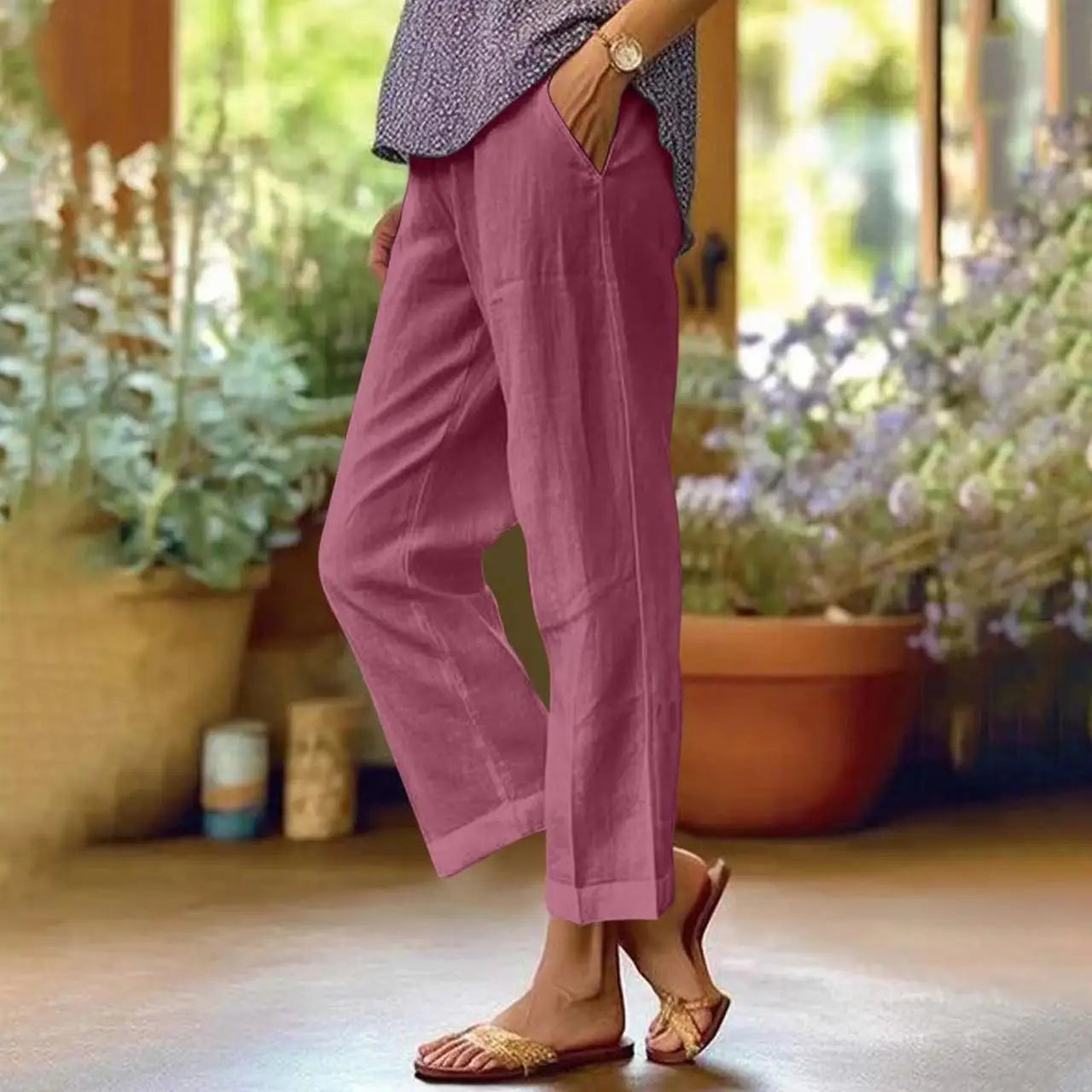 Women High Waist Linen Trousers White