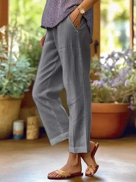 Women High Waist Linen Trousers White