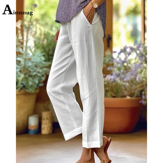 Women High Waist Linen Trousers White