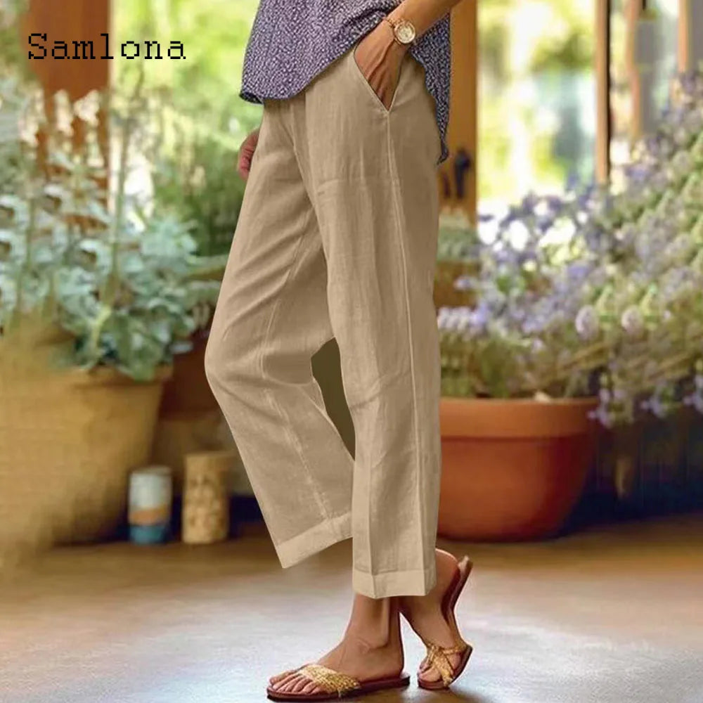 Women High Waist Linen Trousers White