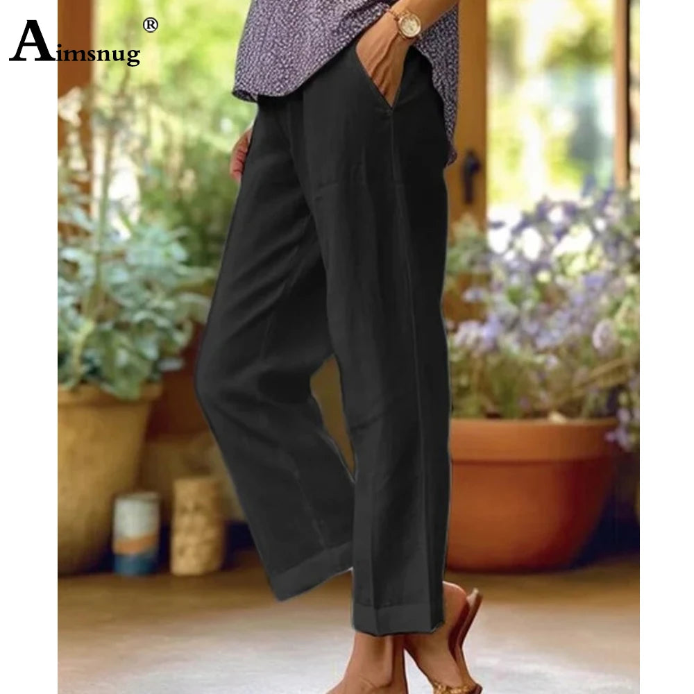 Women High Waist Linen Trousers White