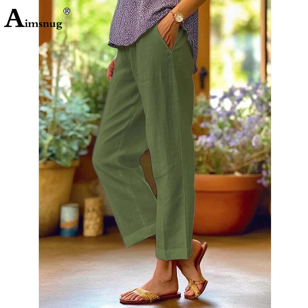 Women High Waist Linen Trousers White