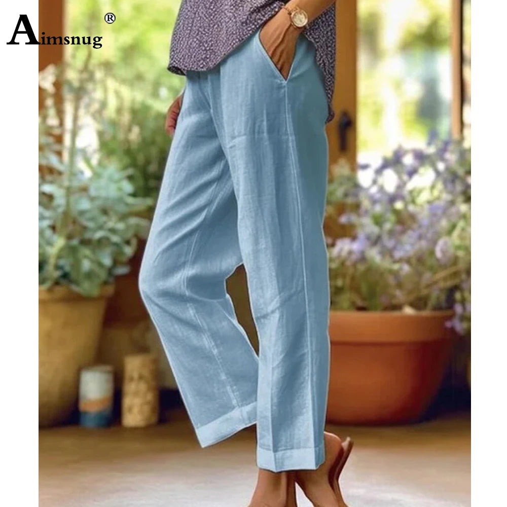 Women High Waist Linen Trousers White