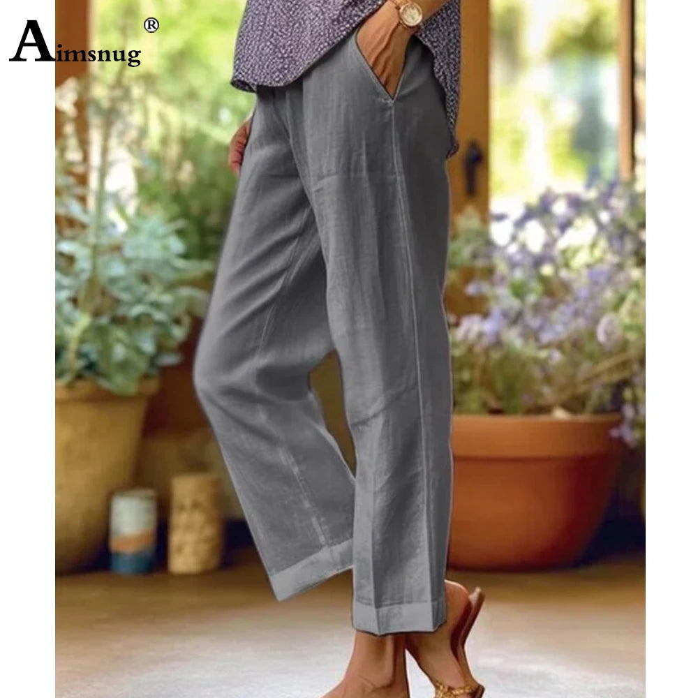 Women High Waist Linen Trousers White